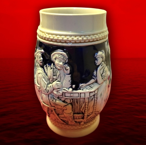 Vtg German Colbalt Blue & Cream Ceramic Beer Stein Mug Tankard 2 Men & A Woman